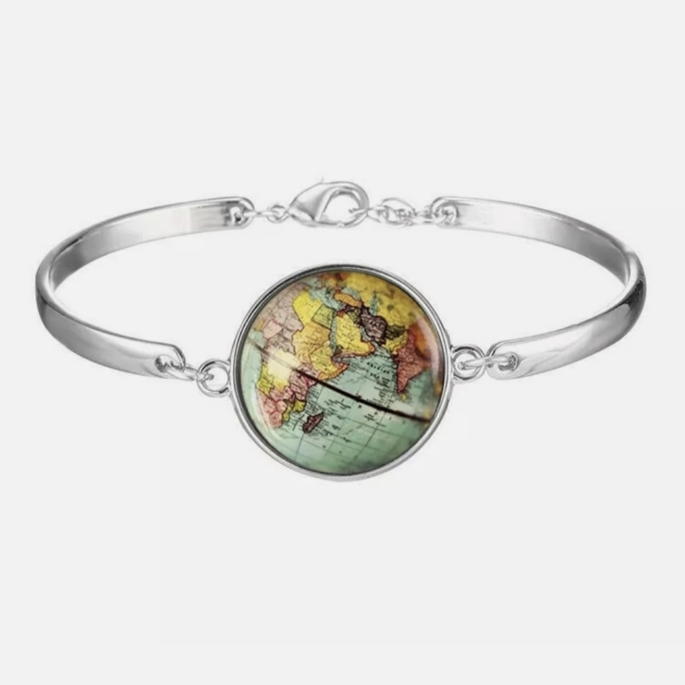 New The World, Globe, Planet Earth Glass Cabochon Silver Bracelet.